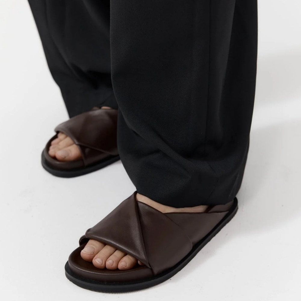 St. Agni Fold Detail Leather Slides - Picture 2 of 7